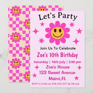 Invitation d'anniversaire Fille Fleur à Carreaux R