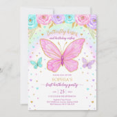 Invitation d'anniversaire fille florale papillon (Devant)