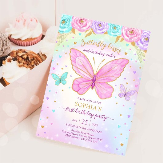 Invitation d'anniversaire fille florale papillon