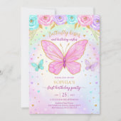 Invitation d'anniversaire fille florale papillon (Devant)