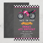 Invitation d'anniversaire fille moto rose (Devant / Derrière)
