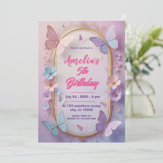 Invitation d'anniversaire fille papillon 3D (Debout devant)