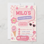 Invitation d'anniversaire Fille Rose Rétro (Devant)