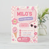 Invitation d'anniversaire Fille Rose Rétro (Debout devant)