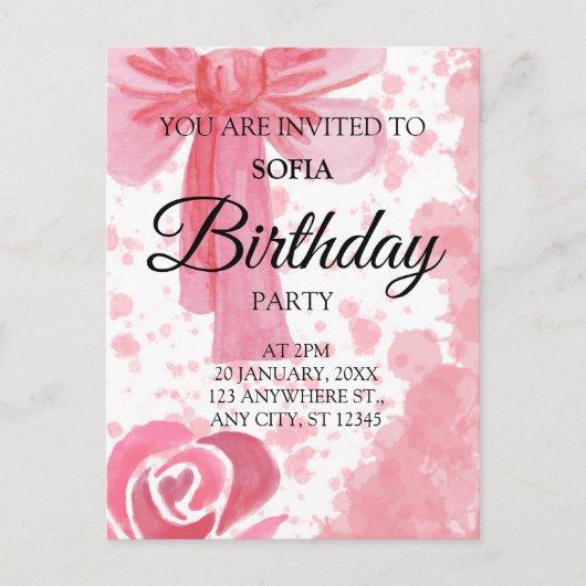 Invitation d'anniversaire Fille Ruban Rose (Devant)