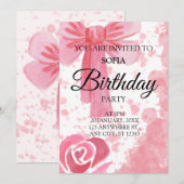 Invitation d'anniversaire Fille Ruban Rose (Devant / Derrière)