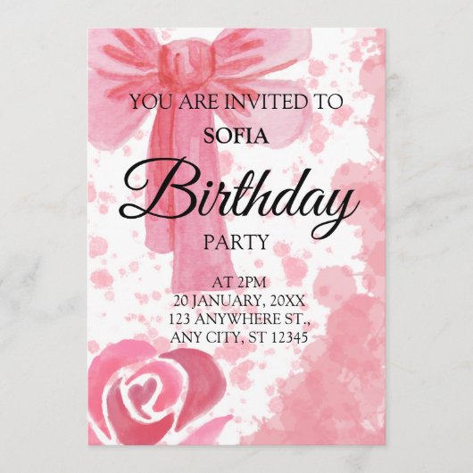 Invitation d'anniversaire Fille Ruban Rose (Devant)