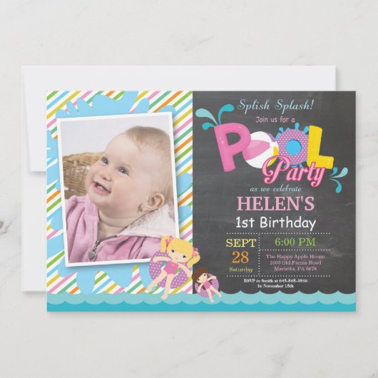 Invitation d'anniversaire Fille Splash Fête de Pis (Devant)