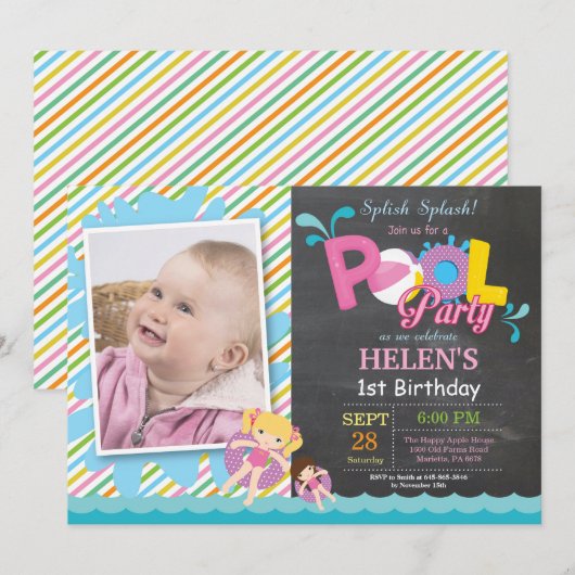 Invitation d'anniversaire Fille Splash Splash à la (Devant / Derrière)