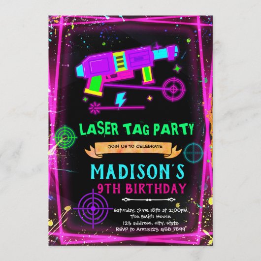Invitation d'anniversaire fille tag laser Glow (Devant)