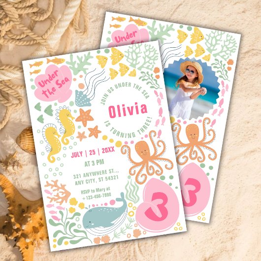 Invitation d'anniversaire filles Animaux de l'océa