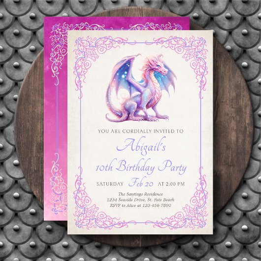 Invitation d'anniversaire Filles Dragon Rose Viole