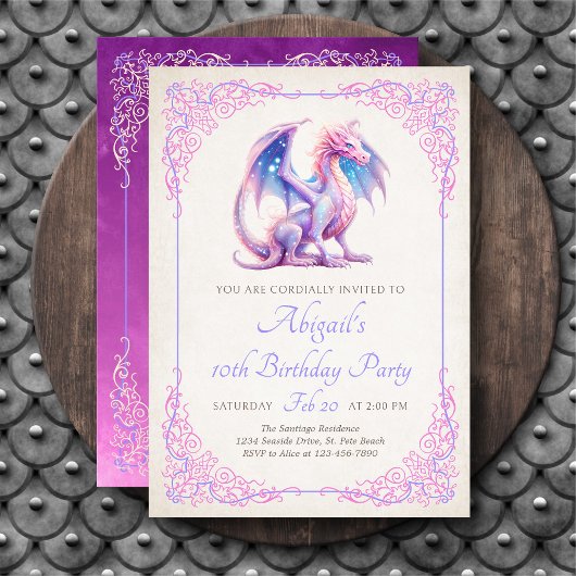 Invitation d'anniversaire Filles Dragon Rose Viole