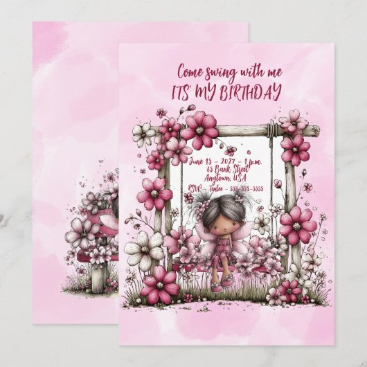 Invitation d'anniversaire Filles Venez vous balanc (Devant / Derrière)