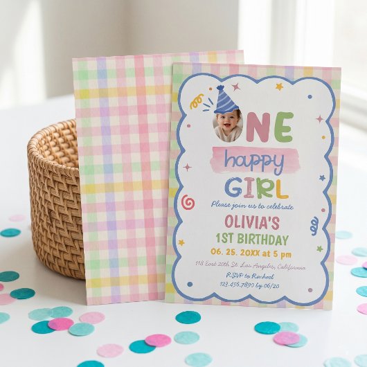 Invitation d'anniversaire fillette gingham pastel