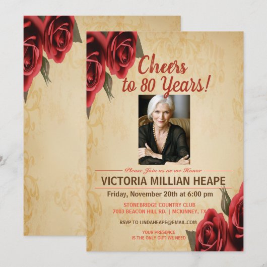 Invitation d'anniversaire Fleur de Rose Vintage - (Devant / Derrière)