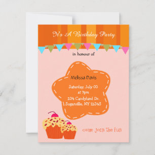 Invitation d'anniversaire Fleur Orange et Gâteau