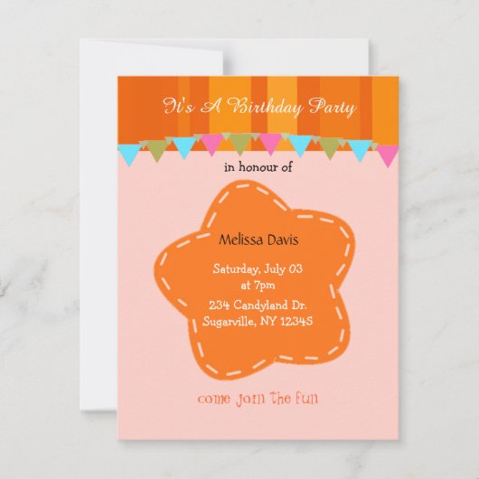 Invitation d'anniversaire Fleur Orange et Rayures (Devant)