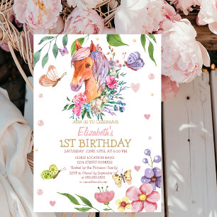 Invitation d'anniversaire Fleur Papillon Poney Ray