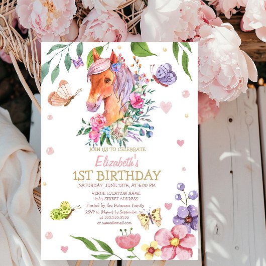 Invitation d'anniversaire Fleur Papillon Poney Ray
