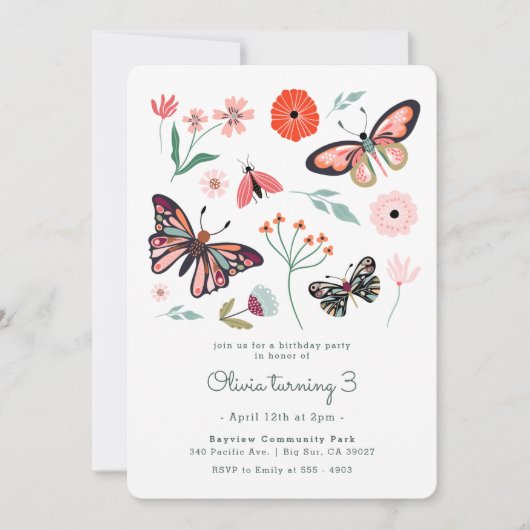 Invitation d'anniversaire Fleur Papillon Rose (Devant)