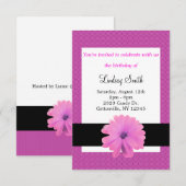 Invitation d'anniversaire Fleur Rose Ruban Noir (Devant / Derrière)
