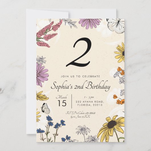 Invitation d'anniversaire fleur sauvage (Devant)