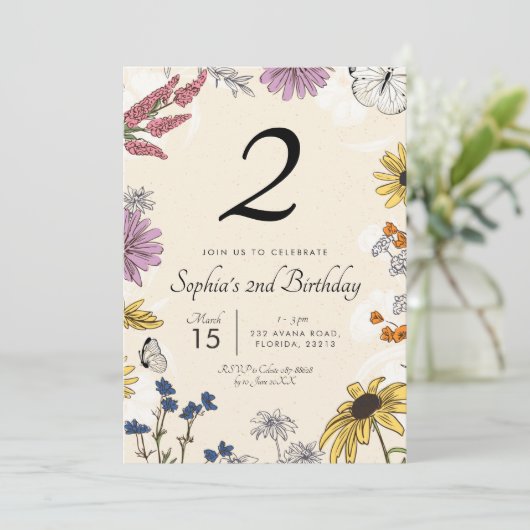 Invitation d'anniversaire fleur sauvage (Debout devant)