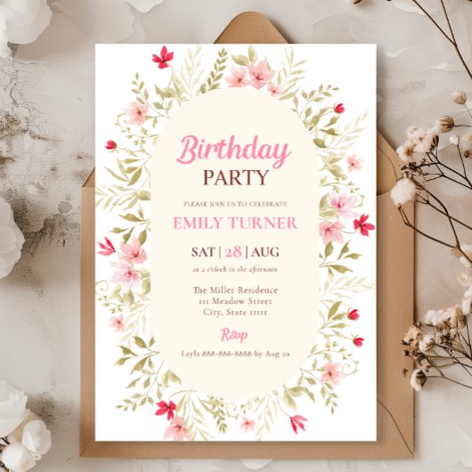 Invitation d'anniversaire Fleur sauvage rose