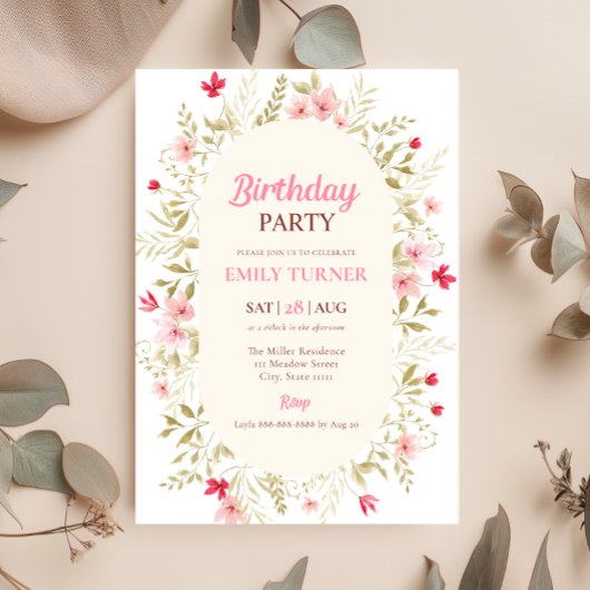 Invitation d'anniversaire Fleur sauvage rose