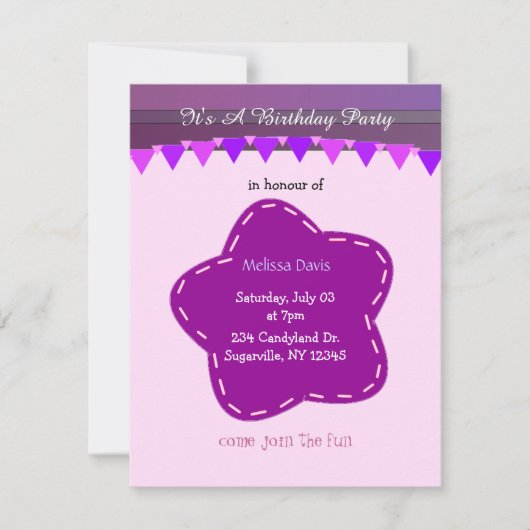 Invitation d'anniversaire Fleur Violette et Rayure (Devant)