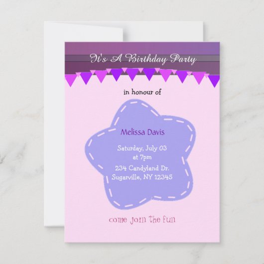 Invitation d'anniversaire Fleur Violette et Rayure (Devant)