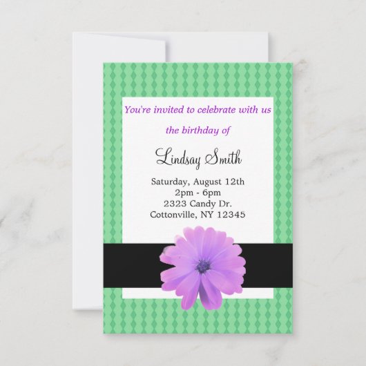 Invitation d'anniversaire Fleur Violette Ruban Noi (Devant)