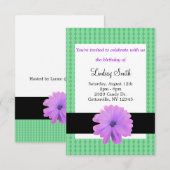 Invitation d'anniversaire Fleur Violette Ruban Noi (Devant / Derrière)
