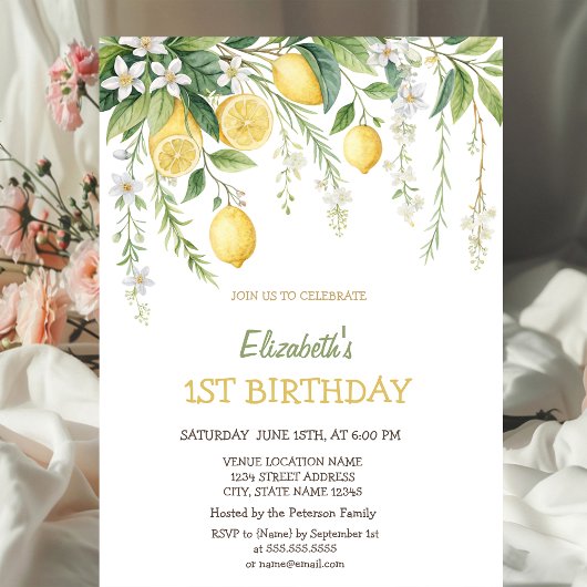 Invitation d'anniversaire Fleurs de citron aquarel