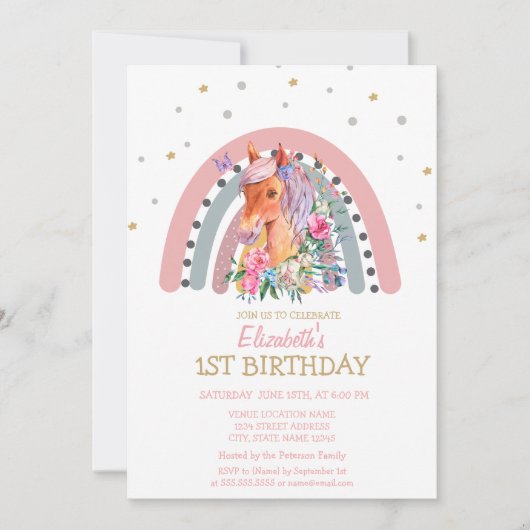 Invitation d'anniversaire Fleurs de licorne arc-en (Devant)