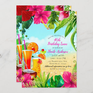 Invitation  d'anniversaire fleurs d'été et cocktails tropicau