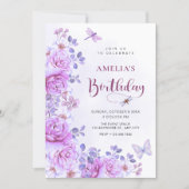 Invitation d'anniversaire fleurs libellule (Devant)