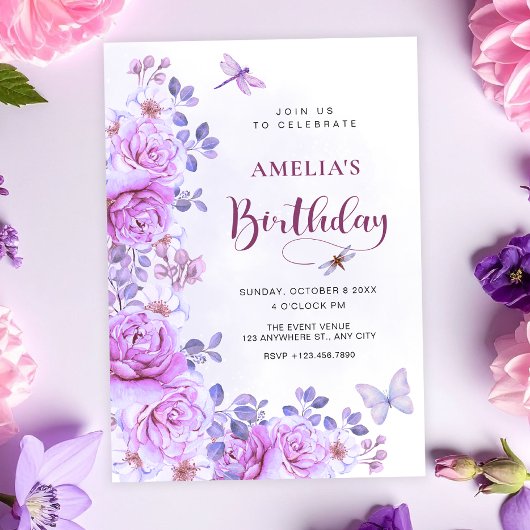Invitation d'anniversaire fleurs libellule