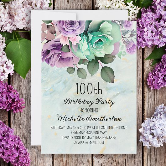 Invitation d'anniversaire Fleurs papillons Vert Me