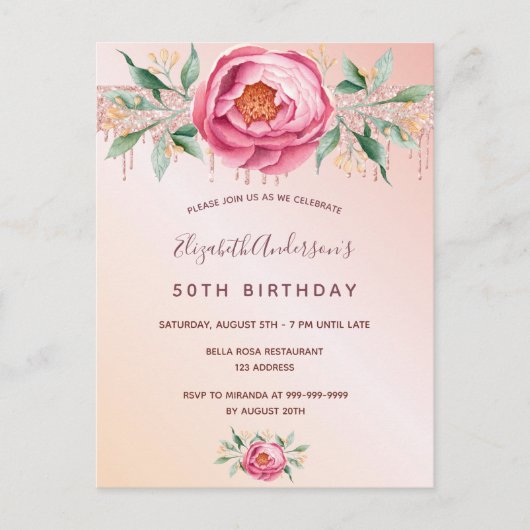 Invitation d'anniversaire fleurs rose pailleté or (Devant)