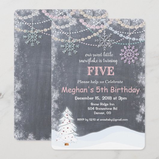 Invitation d'anniversaire flocon de neige en hiver (Devant / Derrière)