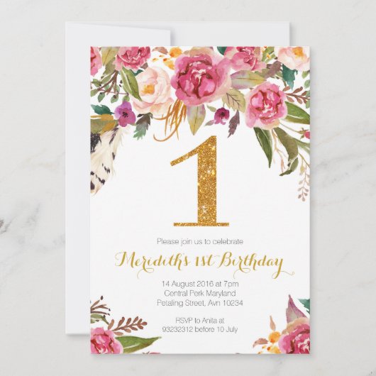 Invitation d'anniversaire Floral et Gold First Bir (Devant)