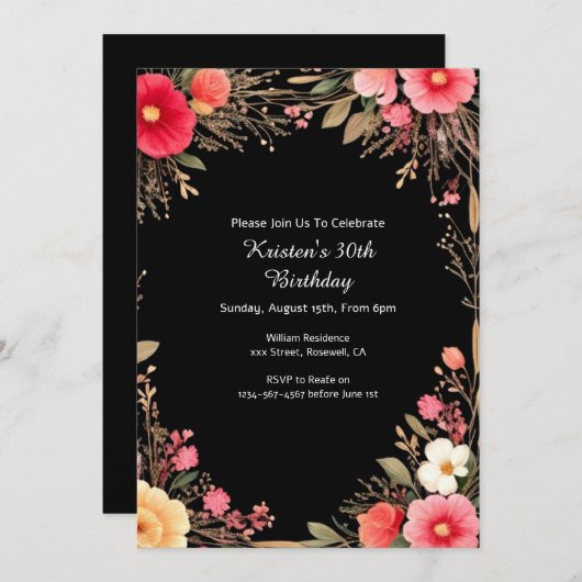 Invitation d'anniversaire florale (Devant / Derrière)