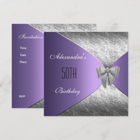 Invitation d'anniversaire florale argent violet 50 (Devant / Derrière)