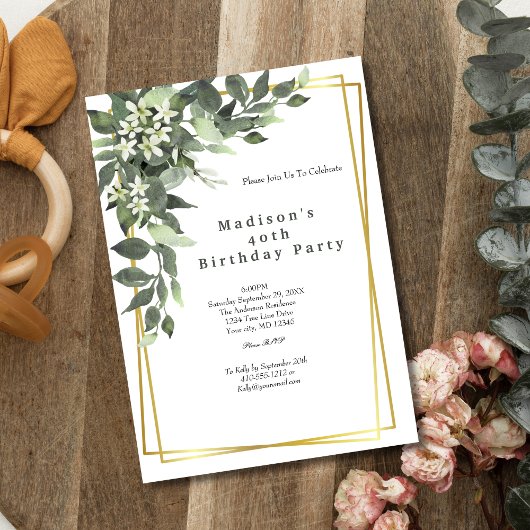 Invitation d'anniversaire florale avec cadre doré