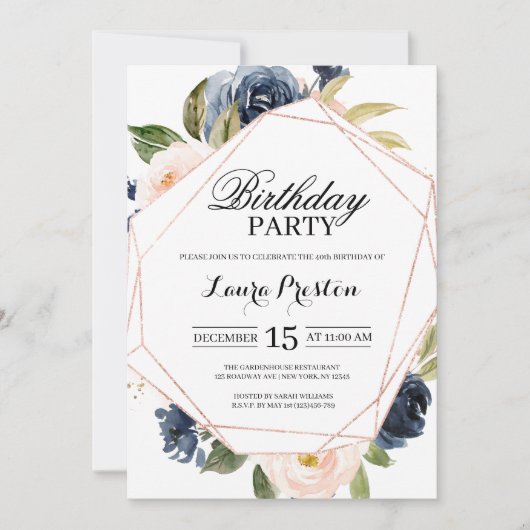 Invitation d'anniversaire florale Bleu marine et r (Devant)