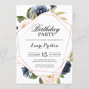 Invitation d'anniversaire florale Bleu marine et r