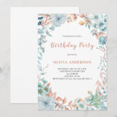 Invitation d'anniversaire florale bleue élégante (Devant / Derrière)