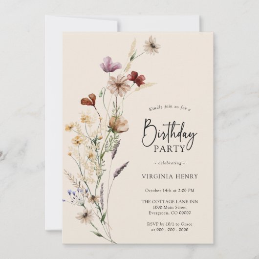 Invitation d'anniversaire florale boho (Devant)